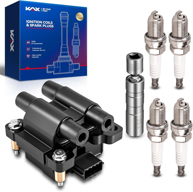KAX UF538 Coil Pack & 4Pcs 7090 Iridium Spark Plugs w/Magnetic Socket for Subaru Outback 2005-2009 2.5L Impreza 2005-2010 2.5L Forester 2005-2008 2.5L Legacy 2005-2009 2.5L, Saab 9-2X 2005-2006 2.5L - Image 1